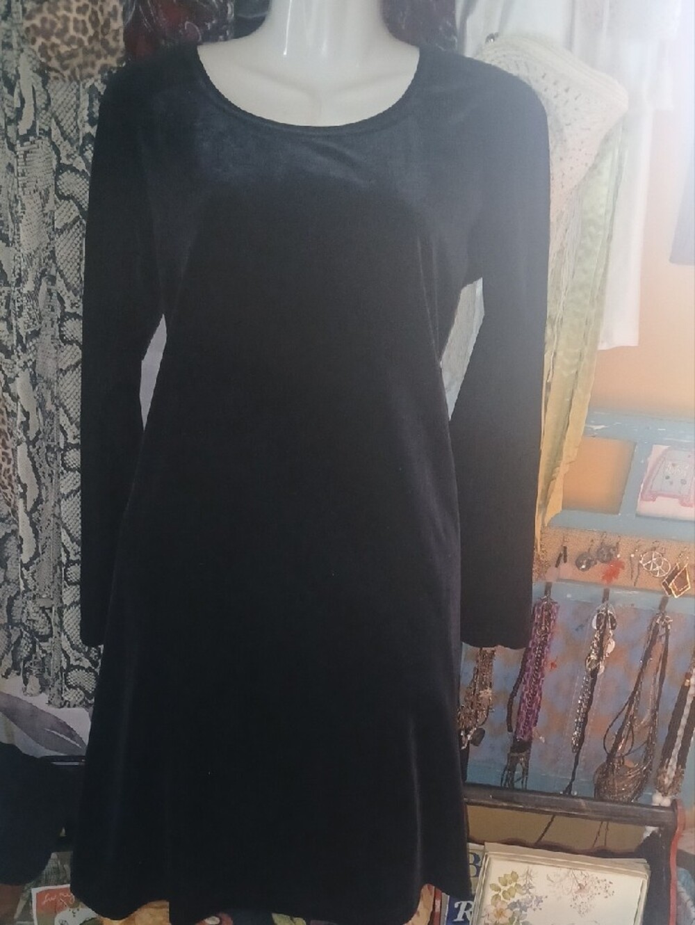 Moda International 90s Vintage Black Velvet Long Sleeve A-Line Dress Medium